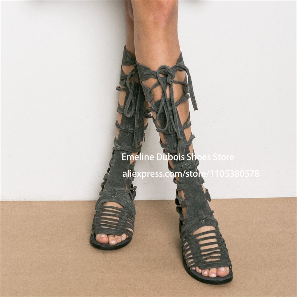 Crossfit Outfit - Suede Gladiator Flat Sandals Knee High